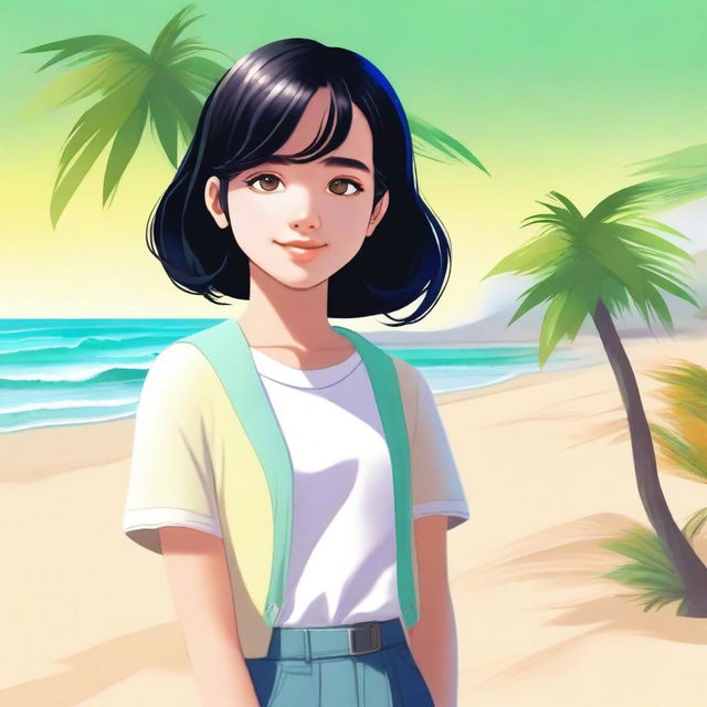 A digital art image of a 14-year-old girl with black hair, dressed in a modest, age-appropriate summer outfit