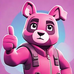 Close-up of Fortnite's Cuddle Team Leader giving a thumbs up, in 2D outline animated style with lively colours and expressive eyes.