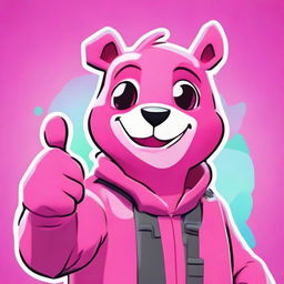 Close-up of Fortnite's Cuddle Team Leader giving a thumbs up, in 2D outline animated style with lively colours and expressive eyes.