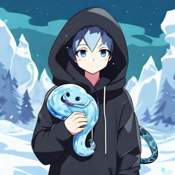 An anime-style boy dressed in a black hoodie with a 'Rep T.V.' print, holding a snake made entirely of ice in a chilly environment.