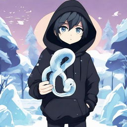 An anime-style boy dressed in a black hoodie with a 'Rep T.V.' print, holding a snake made entirely of ice in a chilly environment.