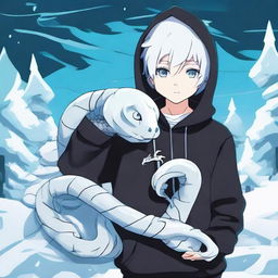 An anime-style boy dressed in a black hoodie with a 'Rep T.V.' print, holding a snake made entirely of ice in a chilly environment.