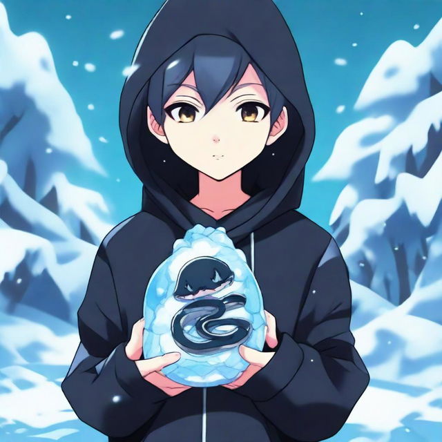 An anime-style boy dressed in a black hoodie with a 'Rep T.V.' print, holding a snake made entirely of ice in a chilly environment.