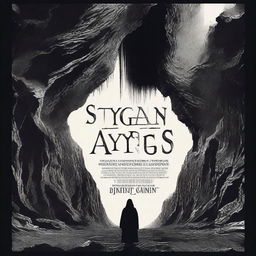 Generate a suspenseful movie poster for the film 'Stygian Abyss' with gloomy chasm, enigmatic tagline, and the names of the main actors displayed in a bold, dramatic font