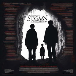 Generate a suspenseful movie poster for the film 'Stygian Abyss' with gloomy chasm, enigmatic tagline, and the names of the main actors displayed in a bold, dramatic font