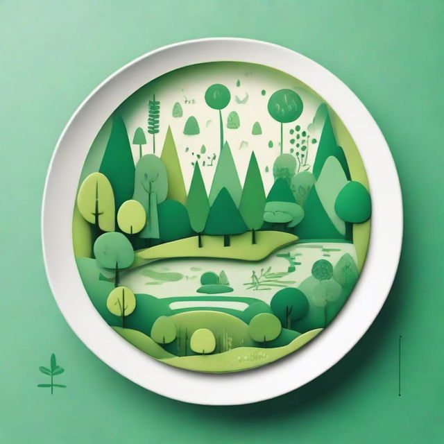 A stylized simplified depiction of a forest ecosystem on a plate, suitable for drawing. It features visually distinct elements like green trees, flowers, small creatures, and water bodies.