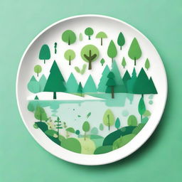 A stylized simplified depiction of a forest ecosystem on a plate, suitable for drawing. It features visually distinct elements like green trees, flowers, small creatures, and water bodies.