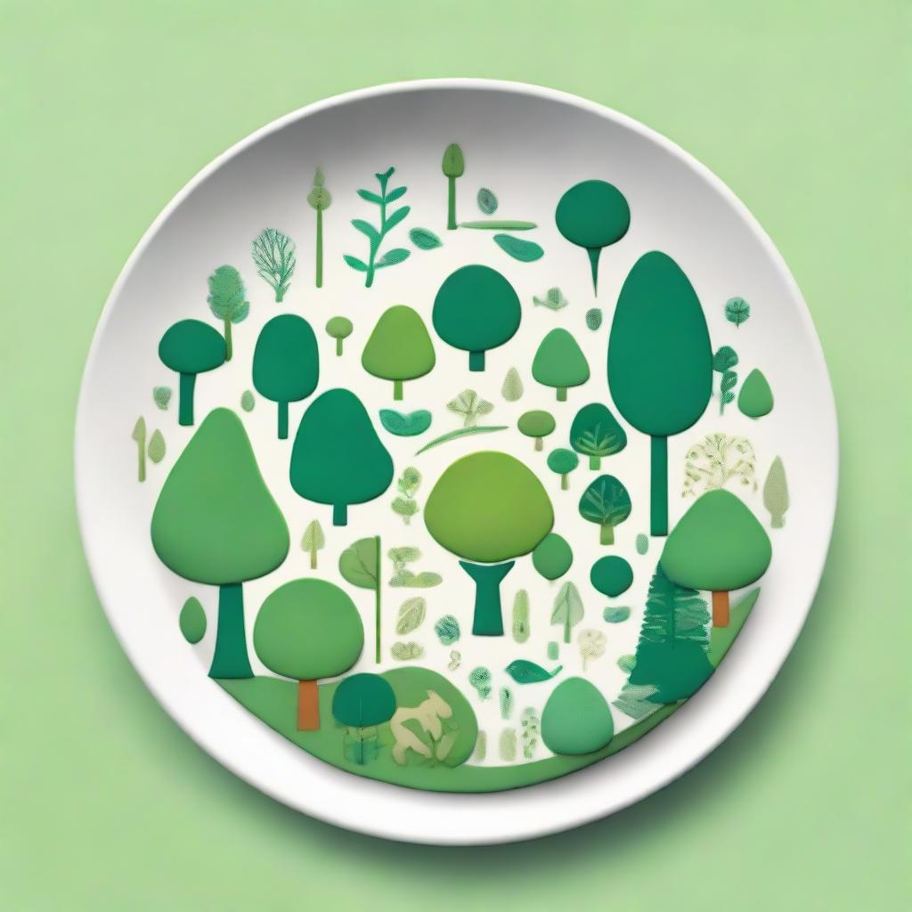 A stylized simplified depiction of a forest ecosystem on a plate, suitable for drawing. It features visually distinct elements like green trees, flowers, small creatures, and water bodies.