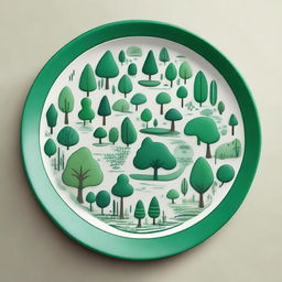 A stylized simplified depiction of a forest ecosystem on a plate, suitable for drawing. It features visually distinct elements like green trees, flowers, small creatures, and water bodies.