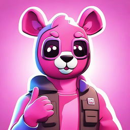 2D outline animated style close-up of Fortnite's Cuddle Team Leader showing a thumbs up, exemplified with expressive eyes and vibrant colors.