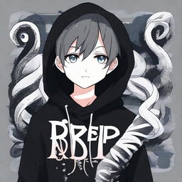 An anime style boy dressed in a black hoodie with the text 'Rep T.V.' printed on it, holding an intricate snake made of ice.