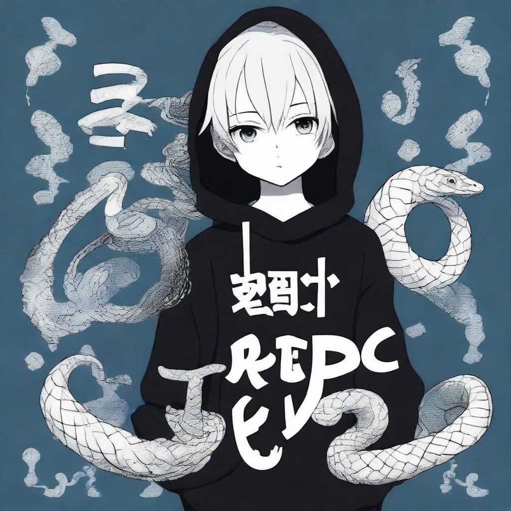 An anime style boy dressed in a black hoodie with the text 'Rep T.V.' printed on it, holding an intricate snake made of ice.