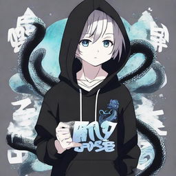 An anime style boy dressed in a black hoodie with the text 'Rep T.V.' printed on it, holding an intricate snake made of ice.