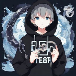 An anime style boy dressed in a black hoodie with the text 'Rep T.V.' printed on it, holding an intricate snake made of ice.