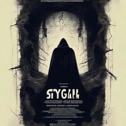 Design an eerie movie poster for 'Stygian Abyss' showcasing a foreboding abyss, a gripping tagline, and headlining actors' names in enthralling typography