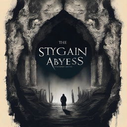 Design an eerie movie poster for 'Stygian Abyss' showcasing a foreboding abyss, a gripping tagline, and headlining actors' names in enthralling typography