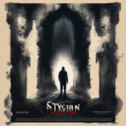 Design an eerie movie poster for 'Stygian Abyss' showcasing a foreboding abyss, a gripping tagline, and headlining actors' names in enthralling typography