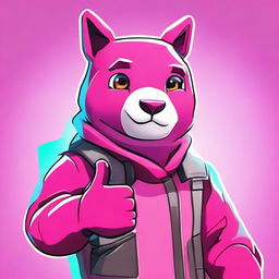 Close-up of Fortnite's Cuddle Team Leader giving a thumbs up, depicted in 2D outline animated style with vibrant colors and expressive eyes.