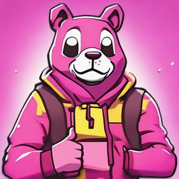 Close-up of Fortnite's Cuddle Team Leader giving a thumbs up, depicted in 2D outline animated style with vibrant colors and expressive eyes.