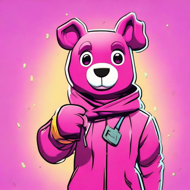 Close-up of Fortnite's Cuddle Team Leader giving a thumbs up, depicted in 2D outline animated style with vibrant colors and expressive eyes.