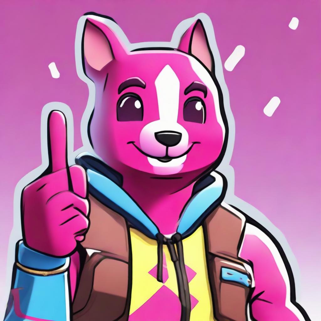 Close-up of Fortnite's Cuddle Team Leader giving a thumbs up, depicted in 2D outline animated style with vibrant colors and expressive eyes.