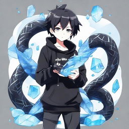 An anime-style boy in a black outfit emblazoned with a 'Rep T.V.' print on the front, clutching a snake shaped entirely of crystalline ice.