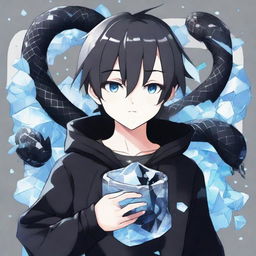 An anime-style boy in a black outfit emblazoned with a 'Rep T.V.' print on the front, clutching a snake shaped entirely of crystalline ice.