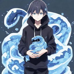 An anime-style boy in a black outfit emblazoned with a 'Rep T.V.' print on the front, clutching a snake shaped entirely of crystalline ice.