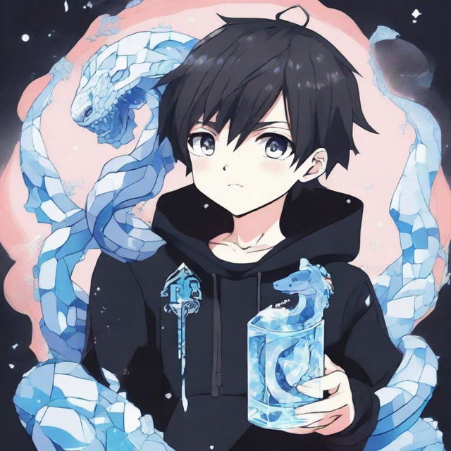 An anime-style boy in a black outfit emblazoned with a 'Rep T.V.' print on the front, clutching a snake shaped entirely of crystalline ice.