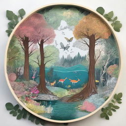 An advanced level drawing prompt of a forest ecosystem on a plate, encasing intricate details like textures of the bark, layers of leaves, patterns on flowers and animals, shimmer of the water bodies.