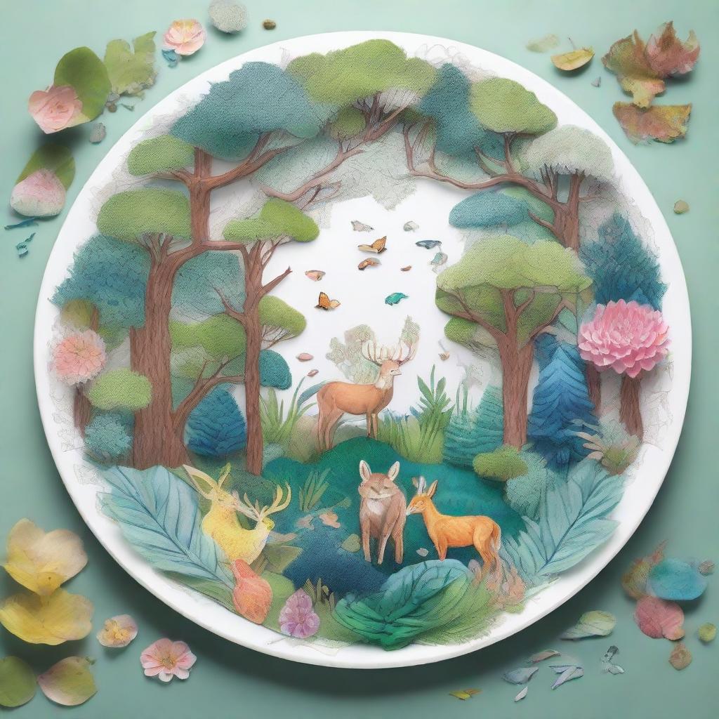 An advanced level drawing prompt of a forest ecosystem on a plate, encasing intricate details like textures of the bark, layers of leaves, patterns on flowers and animals, shimmer of the water bodies.