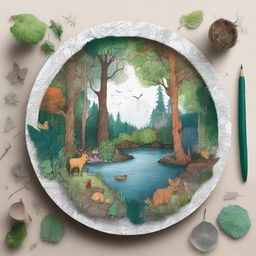 An advanced level drawing prompt of a forest ecosystem on a plate, encasing intricate details like textures of the bark, layers of leaves, patterns on flowers and animals, shimmer of the water bodies.