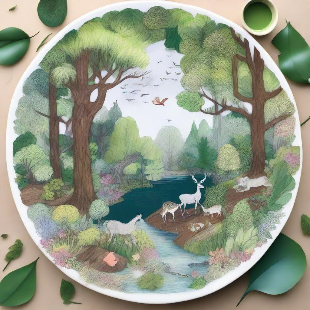 An advanced level drawing prompt of a forest ecosystem on a plate, encasing intricate details like textures of the bark, layers of leaves, patterns on flowers and animals, shimmer of the water bodies.