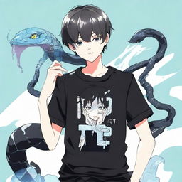 Anime boy dressed in black with 'Rep T.V.' printed on his shirt, holding a snake made of ice.