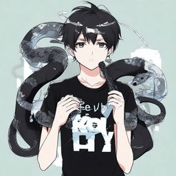 Anime boy dressed in black with 'Rep T.V.' printed on his shirt, holding a snake made of ice.