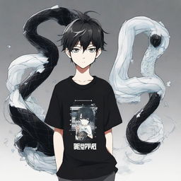 Anime boy dressed in black with 'Rep T.V.' printed on his shirt, holding a snake made of ice.