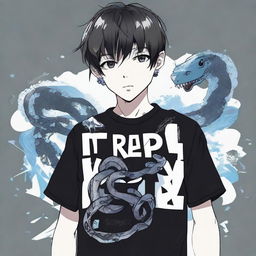 Anime boy dressed in black with 'Rep T.V.' printed on his shirt, holding a snake made of ice.