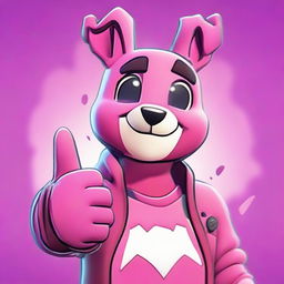 Close-up of Fortnite's Cuddle Team Leader delivering a thumbs up, portrayed in 2D outline animated style with expressive eyes and vibrant colors.