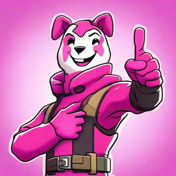 Close-up of Fortnite's Cuddle Team Leader delivering a thumbs up, portrayed in 2D outline animated style with expressive eyes and vibrant colors.