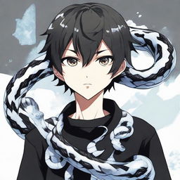 An anime-style boy dressed in black, with a 'Rep T.V.' print on his shirt, has a snake made entirely of ice coiled gracefully around his neck.