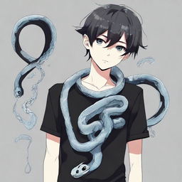 An anime-style boy dressed in black, with a 'Rep T.V.' print on his shirt, has a snake made entirely of ice coiled gracefully around his neck.