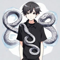 An anime-style boy dressed in black, with a 'Rep T.V.' print on his shirt, has a snake made entirely of ice coiled gracefully around his neck.