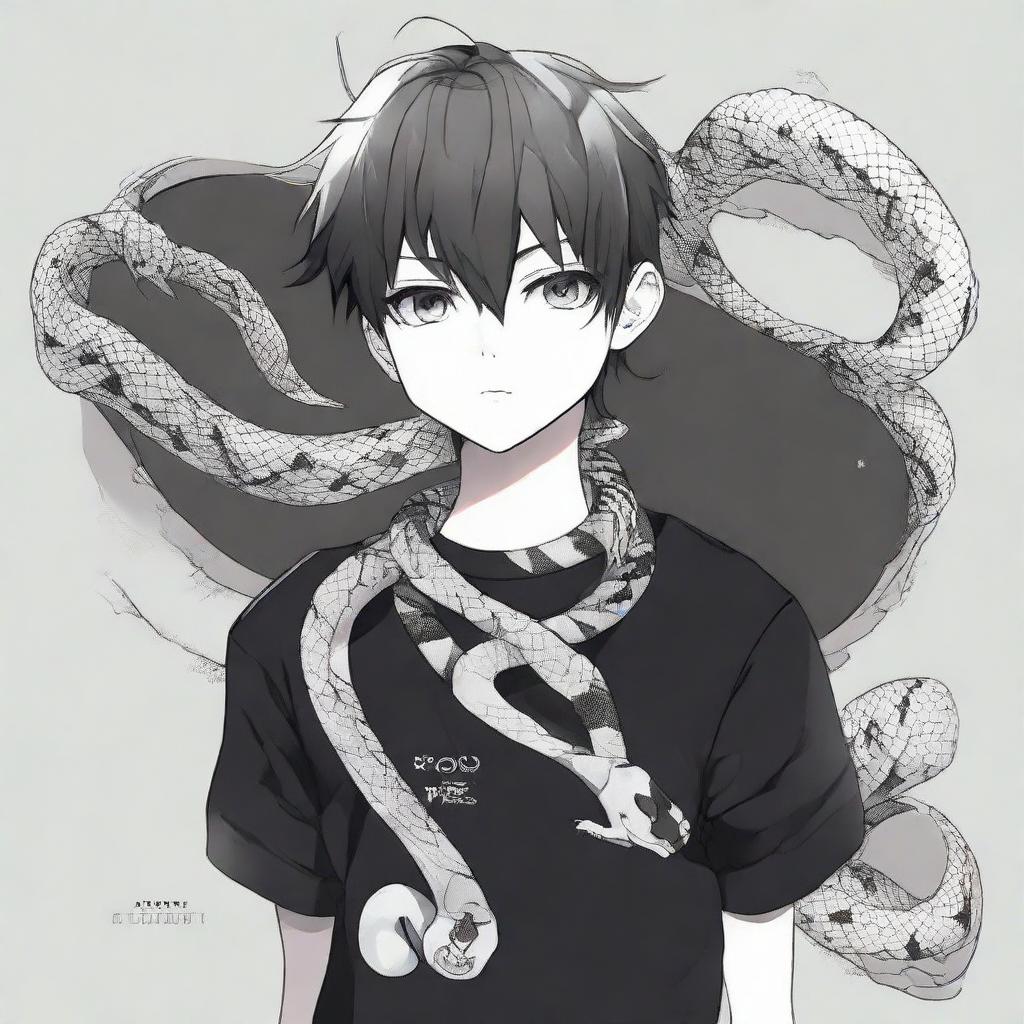 An anime-style boy dressed in black, with a 'Rep T.V.' print on his shirt, has a snake made entirely of ice coiled gracefully around his neck.