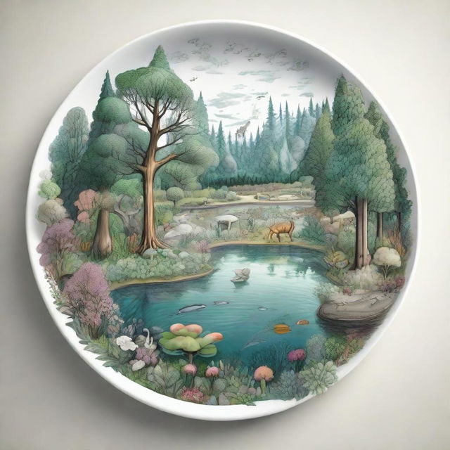 A moderately complex drawing concept of a forest ecosystem on a plate, featuring a fair amount of detail such as various types of trees, flowers, small animals and lightly shimmering water bodies.