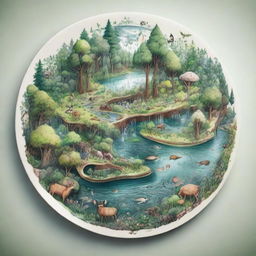 A moderately complex drawing concept of a forest ecosystem on a plate, featuring a fair amount of detail such as various types of trees, flowers, small animals and lightly shimmering water bodies.