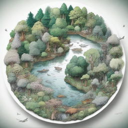 A moderately complex drawing concept of a forest ecosystem on a plate, featuring a fair amount of detail such as various types of trees, flowers, small animals and lightly shimmering water bodies.