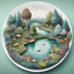 A moderately complex drawing concept of a forest ecosystem on a plate, featuring a fair amount of detail such as various types of trees, flowers, small animals and lightly shimmering water bodies.