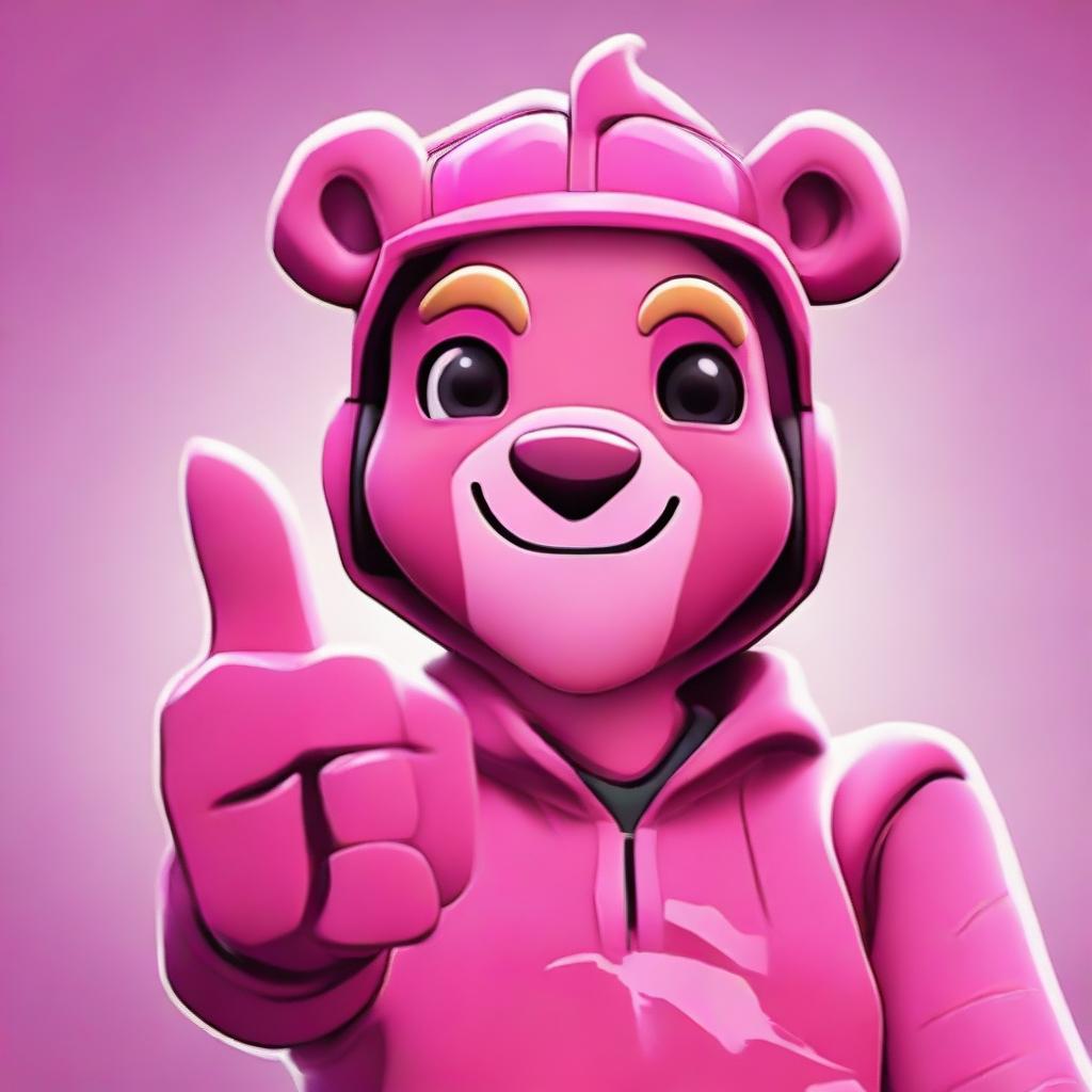 Capture Fortnite's Cuddle Team Leader giving a thumbs up in a close-up view, rendered in a vibrant colored 2D outline animated style with expressive eyes.