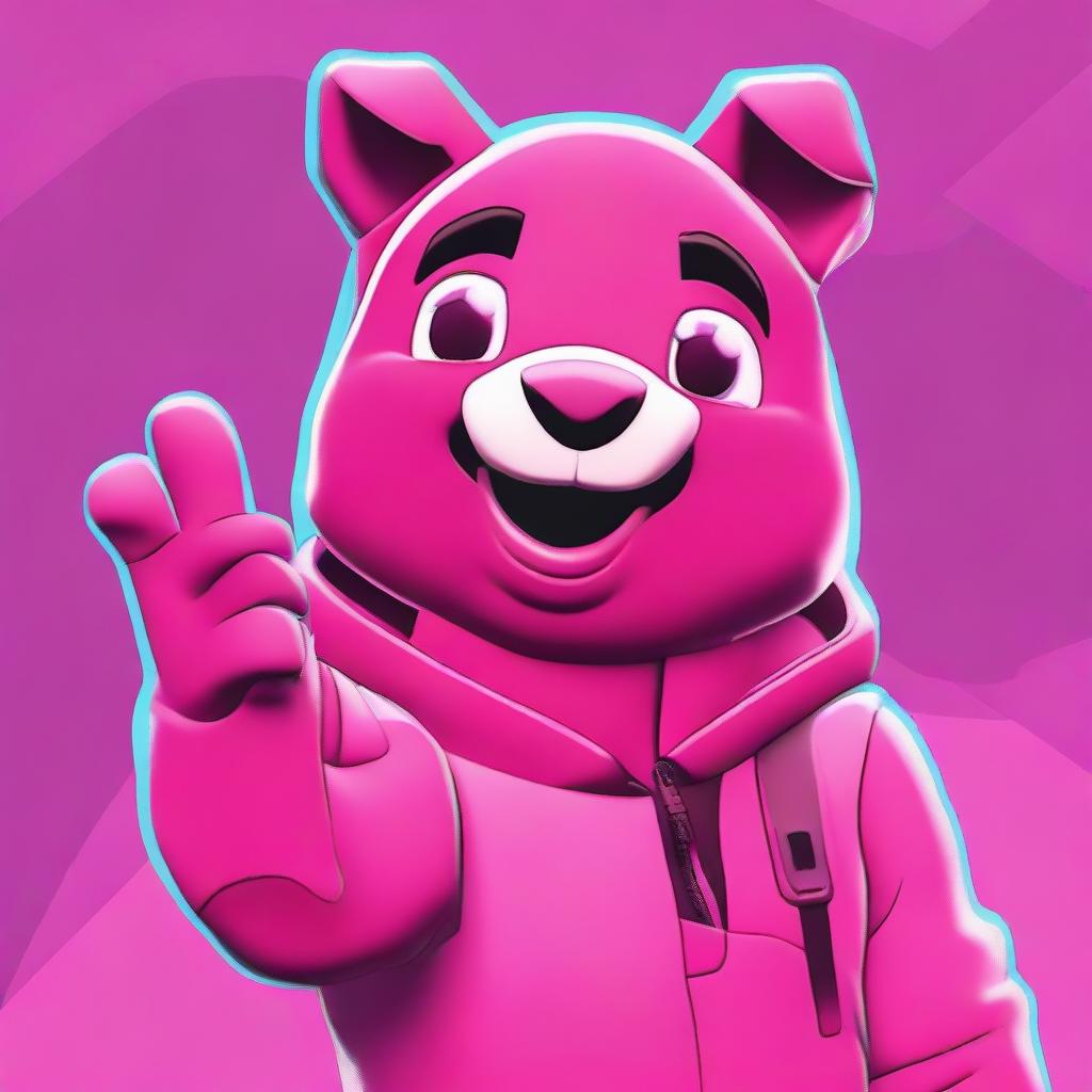 Capture Fortnite's Cuddle Team Leader giving a thumbs up in a close-up view, rendered in a vibrant colored 2D outline animated style with expressive eyes.