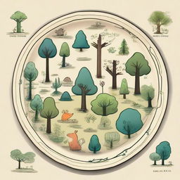 A manageable drawing prompt of a forest ecosystem situated on a plate, with a balance between simplicity and details. It includes basic shapes for trees, simplified flowers, small creatures, and water bodies.